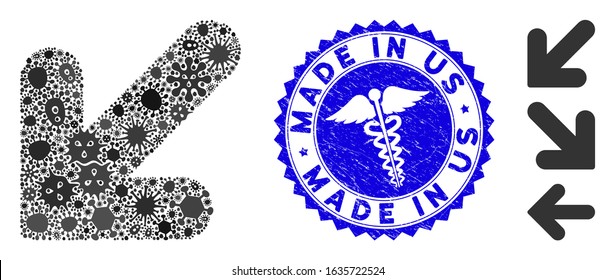 Outbreak mosaic arrow down left icon and round rubber stamp seal with Made in Us caption and caduceus icon. Mosaic vector is created with arrow down left icon and with scattered epidemic symbols.