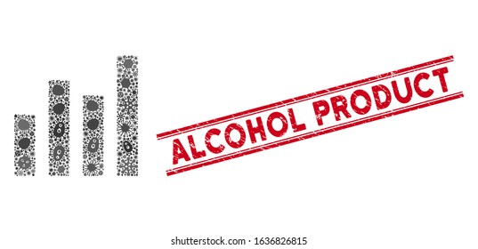 Outbreak mosaic bar graph icon and red Alcohol Product seal stamp between double parallel lines. Mosaic vector is formed with bar graph icon and with scattered infectious objects.