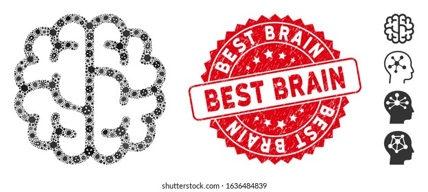 Outbreak mosaic brain icon and rounded rubber stamp watermark with Best Brain phrase. Mosaic vector is created with brain icon and with scattered infectious items. Best Brain stamp uses red color,