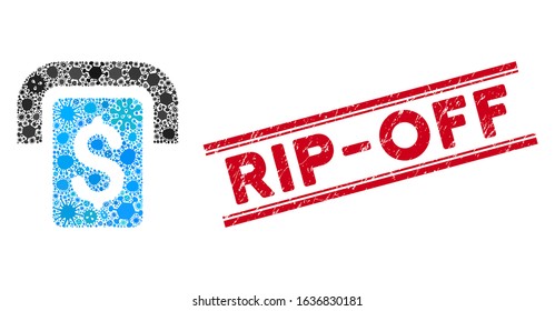 Outbreak mosaic cashpoint icon and red Rip-Off seal between double parallel lines. Mosaic vector is designed with cashpoint pictogram and with scattered microorganism objects.