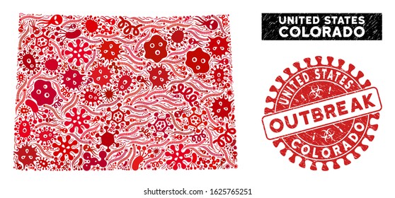 Outbreak mosaic Colorado State map and red distressed stamp seal with OUTBREAK text. Colorado State map collage composed with randomized virus items.