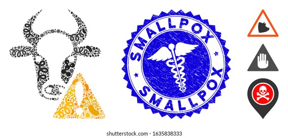 Outbreak mosaic cow warning icon and rounded distressed stamp watermark with Smallpox caption and doctor icon. Mosaic vector is created with cow warning pictogram and with scattered contagion symbols.