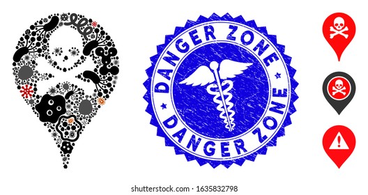 Outbreak mosaic danger zone map marker icon and rounded rubber stamp seal with Danger Zone caption and doctor sign.