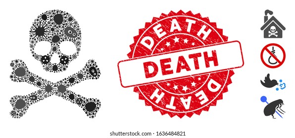 Outbreak mosaic death icon and rounded grunge stamp seal with Death phrase. Mosaic vector is created with death icon and with random pathogen items. Death stamp seal uses red color,