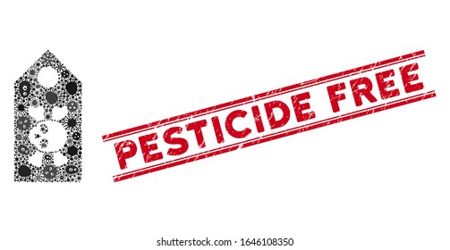 Outbreak mosaic death label icon and red Pesticide Free seal stamp between double parallel lines. Mosaic vector is composed with death label icon and with scattered contagious objects.