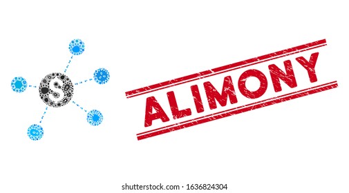 Outbreak mosaic dollar virtual links icon and red Alimony seal stamp between double parallel lines. Mosaic vector is designed with dollar virtual links icon and with scattered infection icons.