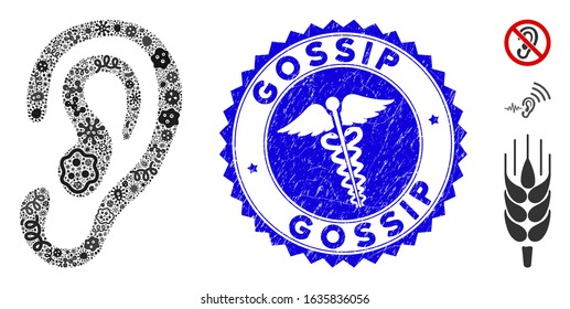 Outbreak mosaic ear icon and round grunge stamp watermark with Gossip caption and clinic icon. Mosaic vector is composed with ear icon and with randomized bacillus elements.