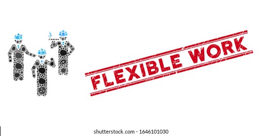 Outbreak mosaic engineer persons discussion icon and red Flexible Work seal stamp between double parallel lines.