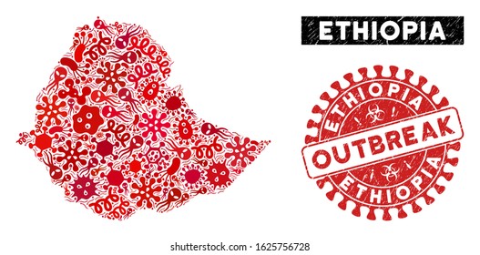 Outbreak mosaic Ethiopia map and red grunge stamp watermark with OUTBREAK badge. Ethiopia map collage created with randomized pathogen icons. Red rounded OUTBREAK stamp with grunge texture.