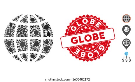 Outbreak mosaic globe icon and round distressed stamp seal with Globe text. Mosaic vector is formed with globe icon and with randomized viral symbols. Globe stamp uses red color, and distress design.