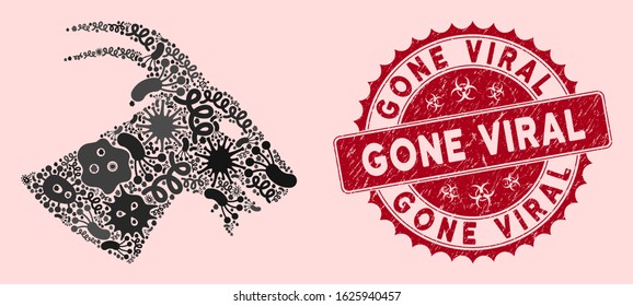 Outbreak mosaic goat head icon and rounded grunge stamp seal with Gone Viral caption. Mosaic vector is created from goat head icon and with random microorganism elements.