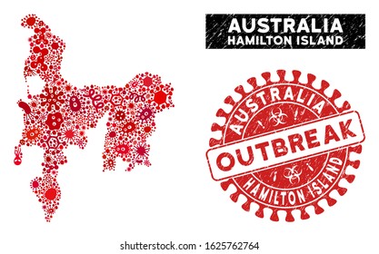 Outbreak mosaic Hamilton Island map and red grunge stamp watermark with OUTBREAK message. Hamilton Island map collage formed with random bacillus items.