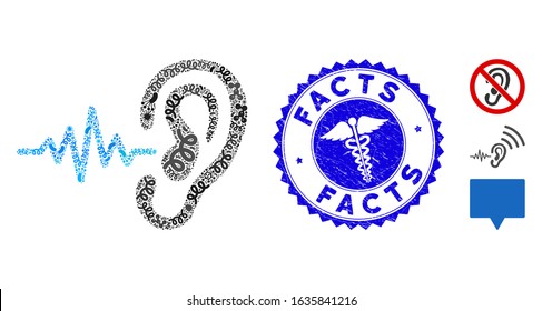 Outbreak mosaic hearing icon and round distressed stamp watermark with Facts text and health care icon. Mosaic vector is formed with hearing icon and with random amoeba objects.