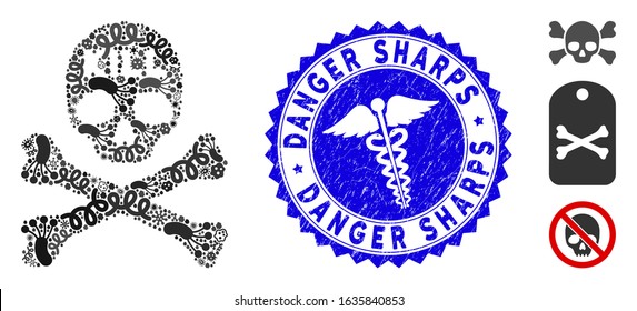 Outbreak mosaic kill death icon and round grunge stamp watermark with Danger Sharps caption and medic icon. Mosaic vector is composed with kill death icon and with randomized infectious items.