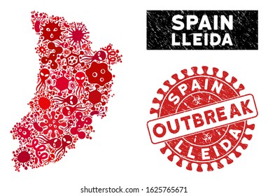 Outbreak mosaic Lleida Province map and red rubber stamp seal with OUTBREAK text. Lleida Province map collage formed with scattered pathogen icons. Red rounded OUTBREAK seal stamp with dirty texture.