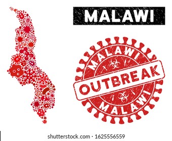 Outbreak mosaic Malawi map and red corroded stamp seal with OUTBREAK phrase. Malawi map collage constructed with randomized infection items. Red round OUTBREAK seal stamp with dirty texture.
