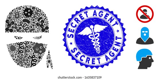 Outbreak mosaic ninja head icon and rounded corroded stamp seal with Secret Agent text and health care icon. Mosaic vector is created with ninja head icon and with randomized bacterium items.