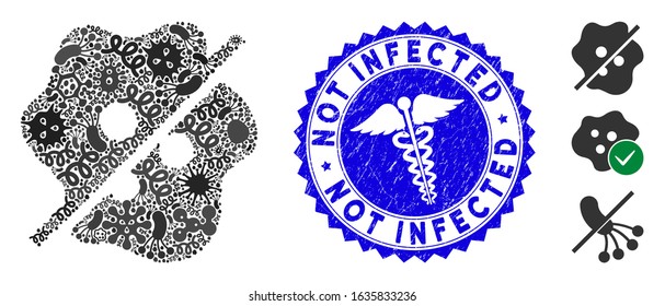 Outbreak mosaic not infected icon and rounded rubber stamp seal with Not Infected caption and caduceus symbol. Mosaic vector is composed with not infected icon and with randomized contagion symbols.