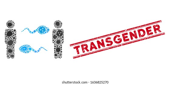 Outbreak mosaic persons sperm exchange icon and red Transgender seal stamp between double parallel lines.