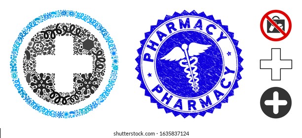 Outbreak mosaic pharmacy icon and rounded corroded stamp seal with Pharmacy text and health care icon. Mosaic vector is designed with pharmacy icon and with randomized infection elements.