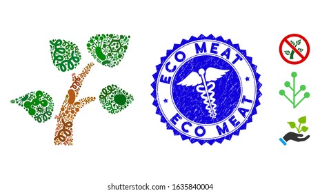 Outbreak mosaic plant tree icon and rounded rubber stamp seal with Eco Meat text and medic icon. Mosaic vector is composed with plant tree icon and with scattered epidemic elements.