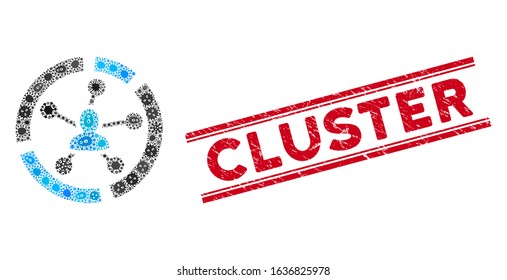 Outbreak mosaic relations diagram icon and red Cluster seal stamp between double parallel lines. Mosaic vector is formed with relations diagram icon and with scattered flu symbols.