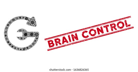 Outbreak mosaic repeat service icon and red Brain Control seal stamp between double parallel lines. Mosaic vector is created with repeat service pictogram and with random microbe cell items.