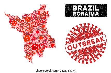 Outbreak mosaic Roraima State map and red rubber stamp seal with OUTBREAK message. Roraima State map collage created with scattered flu symbols. Red rounded OUTBREAK seal stamp with grunge texture.