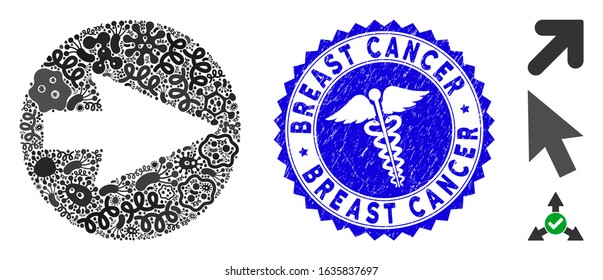 Outbreak mosaic rounded arrow icon and rounded distressed stamp seal with Breast Cancer phrase and medical sign. Mosaic vector is formed with rounded arrow icon and with randomized pandemic objects.