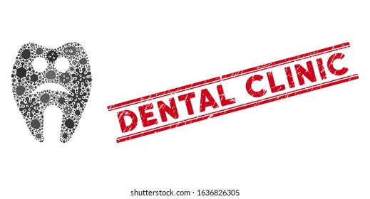 Outbreak mosaic sad tooth icon and red Dental Clinic rubber print between double parallel lines. Mosaic vector is created with sad tooth icon and with scattered microbe cell icons.