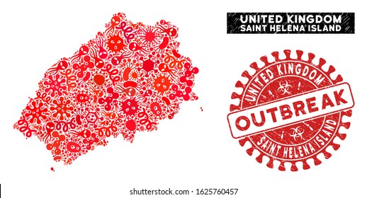 Outbreak mosaic Saint Helena Island map and red corroded stamp seal with OUTBREAK badge. Saint Helena Island map collage designed with scattered viral icons.