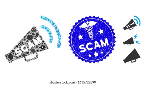 Outbreak mosaic scam alert megaphone icon and rounded distressed stamp seal with Scam phrase and caduceus icon.