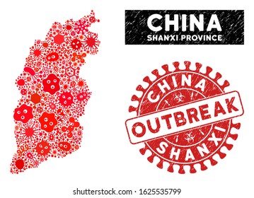 Outbreak mosaic Shanxi Province map and red grunge stamp seal with OUTBREAK message. Shanxi Province map collage created with randomized virus symbols.