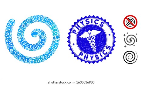 Outbreak mosaic spiral icon and rounded rubber stamp seal with Physics caption and medic symbol. Mosaic vector is designed with spiral icon and with randomized viral elements.