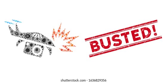 Outbreak mosaic spy drone explosion icon and red Busted! seal stamp between double parallel lines. Mosaic vector is designed with spy drone explosion icon and with scattered microbe cell objects.