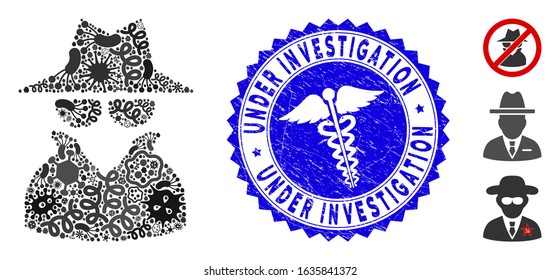 Outbreak mosaic spy icon and round grunge stamp seal with Under Investigation phrase and health care icon. Mosaic vector is formed with spy icon and with random infection symbols.