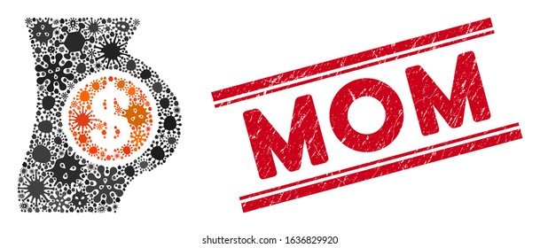 Outbreak mosaic surrogacy icon and red Mom seal between double parallel lines. Mosaic vector is formed with surrogacy icon and with scattered microbe symbols. Mom seal uses red color,