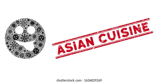 Outbreak mosaic tongue smiley icon and red Asian Cuisine stamp between double parallel lines. Mosaic vector is formed with tongue smiley pictogram and with random microbe cell symbols.
