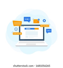 Outbreak of novel coronavirus news around the globe.  Stay informed. News website on laptop screen. Set of different icons. Online news. Modern flat design vector illustration