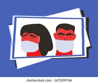 Outbreak of the novel coronavirus. Self-isolation at home quarantine. Man and woman in white medical face masks. Friends or family members in prevention masks. Pandemic of coronavirus. Vector flat.