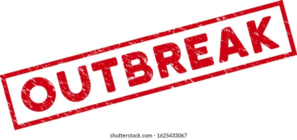 Outbreak rectangle framed stamp. Red vector rectangle textured seal stamp with Outbreak caption inside rectangle border. Designed for rubber imitations with corroded rubber texture.