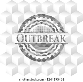 Outbreak retro style grey emblem with geometric cube white background