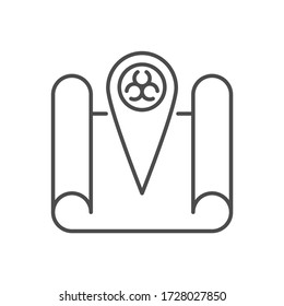 Outbreak virus map related vector thin line icon. Location Sign with Biohazard on a map. Isolated on white background. Editable stroke. Vector illustration.