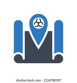 Outbreak virus map related vector glyph icon. Location Sign with Biohazard on map. Outbreak virus sign. Isolated on white background. Editable vector illustration