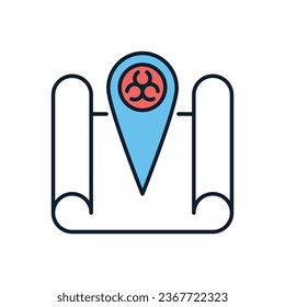 Outbreak virus map related vector icon. Location Sign with Biohazard on map. Outbreak virus sign. Isolated on white background. Editable vector illustration
