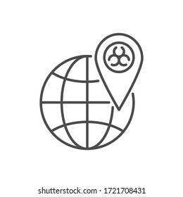 Icono de línea delgada vectorial relacionado con el mundo de los virus de brotes. Signo de ubicación con Biohazard en un globo. Aislado sobre fondo blanco. Trazo editable. Ilustración vectorial.