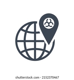 Outbreak virus world related vector glyph icon. Location Sign with Biohazard on globe. Outbreak virus sign. Isolated on white background. Editable vector illustration