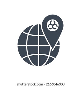 Outbreak virus world related vector glyph icon. Location Sign with Biohazard on globe. Outbreak virus sign. Isolated on white background. Editable vector illustration