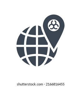 Icono de glifo vectorial relacionado con el mundo del virus de brote. Signo de ubicación con Biohazard en el mundo. Signo de virus de brote. Aislado sobre fondo blanco. Ilustración vectorial editable