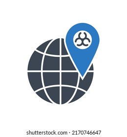 Outbreak virus world related vector glyph icon. Location Sign with Biohazard on globe. Outbreak virus sign. Isolated on white background. Editable vector illustration